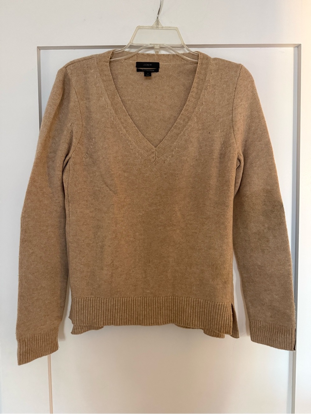 J. Crew Tan V-Neck Sweater with Black Leather Arm Patches